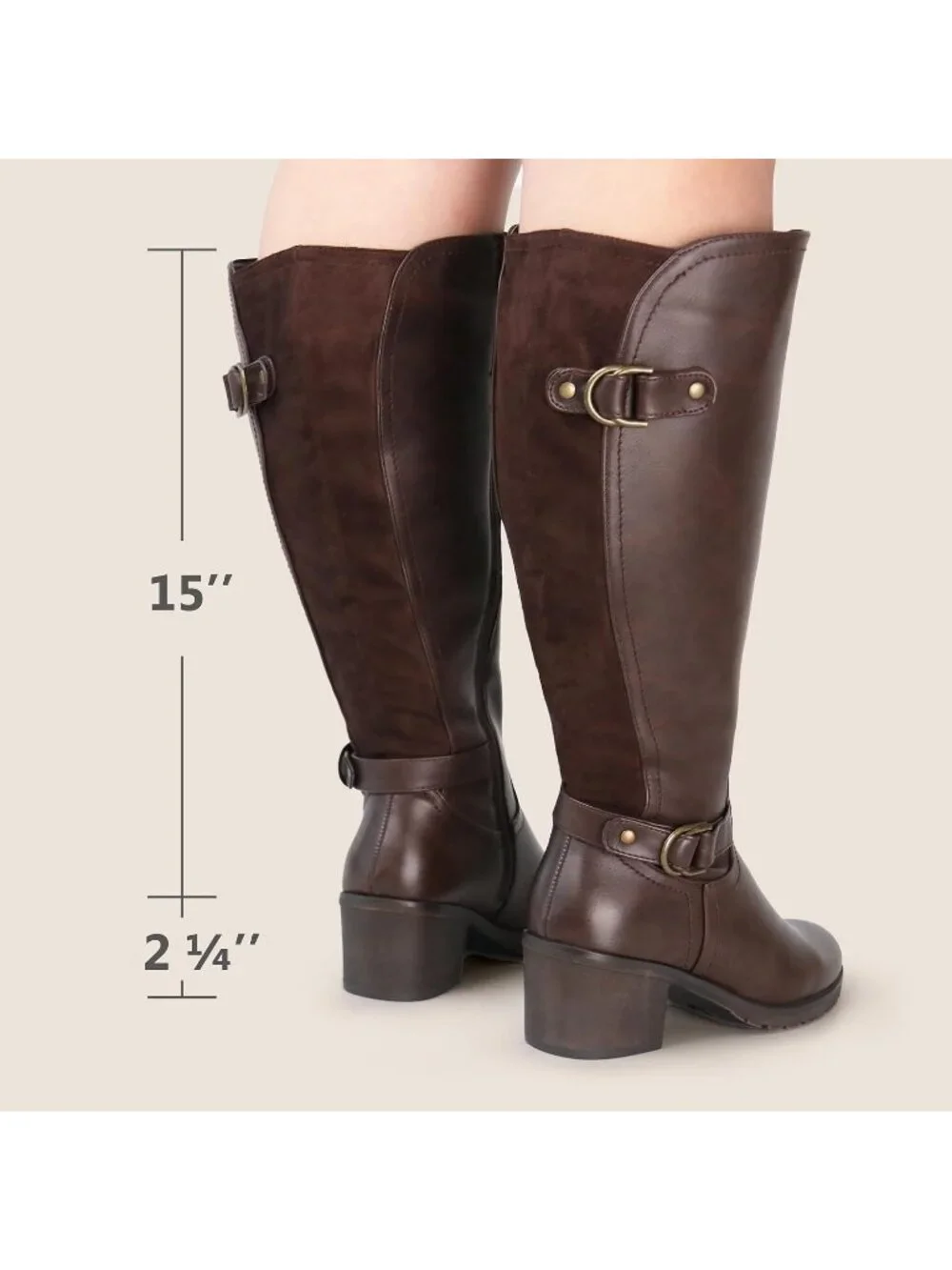 Women's Brown Wide Calf Block Heel and Decorated Double Buckle  Knee High Boots